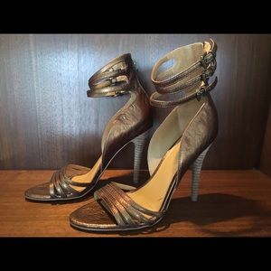 Bronze metallic ankle strap stilettos